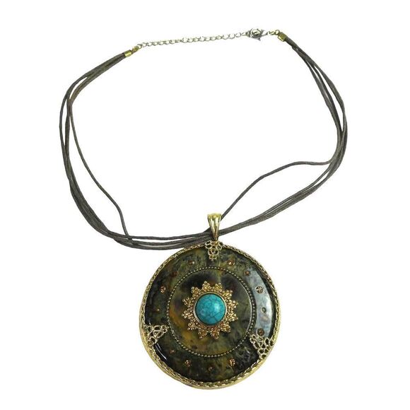 Large Boho Festival Round Pendant Turquoise Rhinestones Multi Strand Necklace - Picture 1 of 12